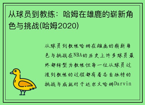 从球员到教练：哈姆在雄鹿的崭新角色与挑战(哈姆2020)